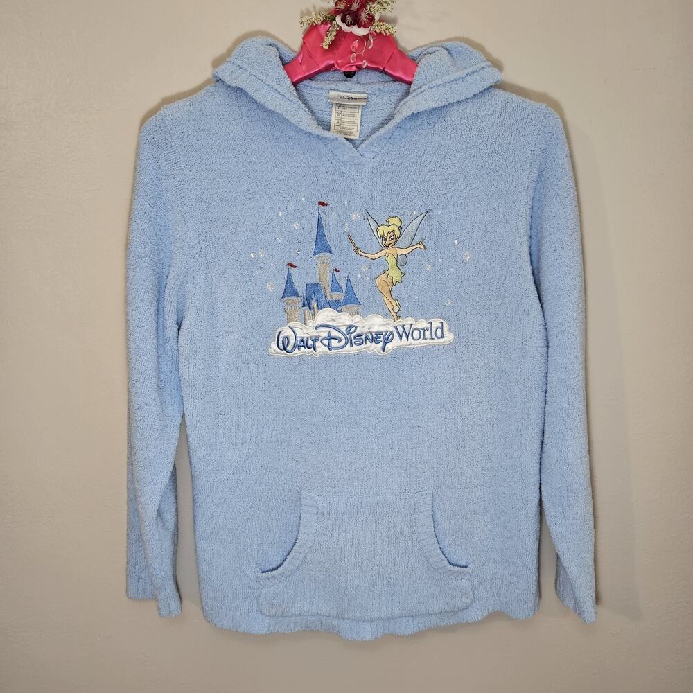 Y2K Disney Tinker Bell Pullover Hoodie Blue Fleece Women LG Fairycore Cozy